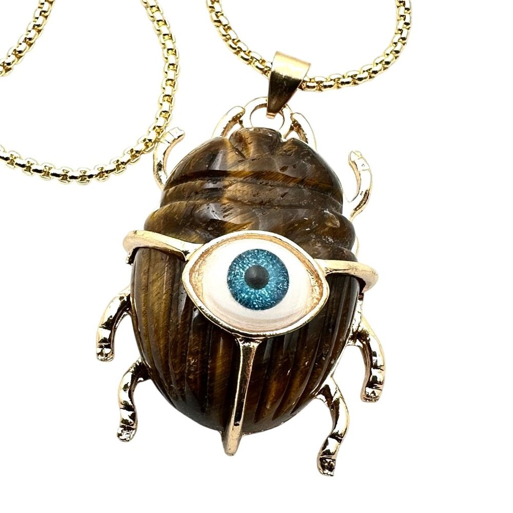 Evil Eye Necklace Tiger's Eye Gemstone Scarab Beetle Pendant Gold Plated